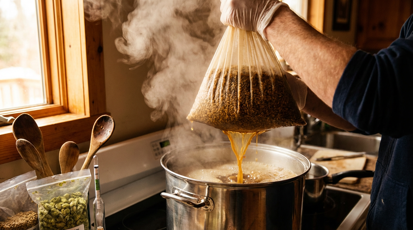 Grain bag being lifted from brewing pot with steam rising