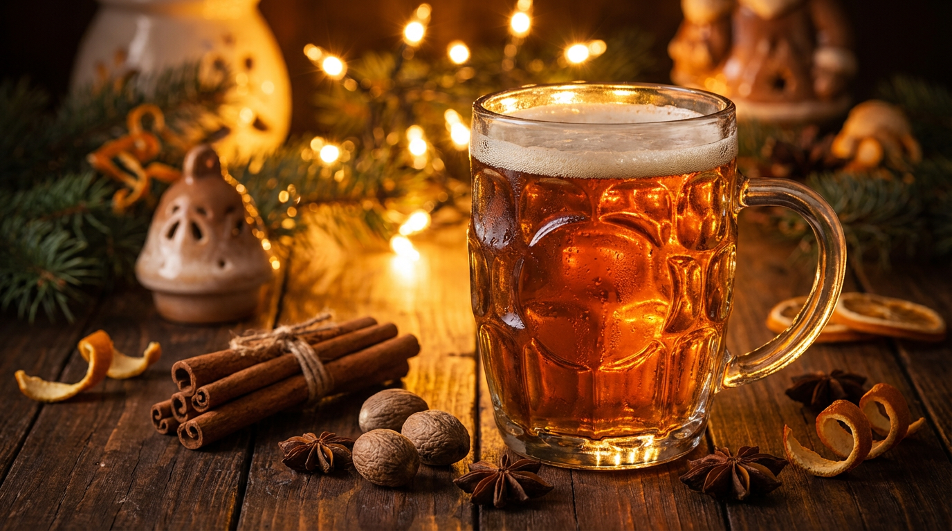 A glass of amber holiday ale surrounded by cinnamon sticks and holiday spices