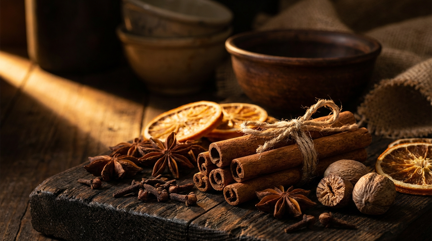 Holiday spices arranged on a dark surface