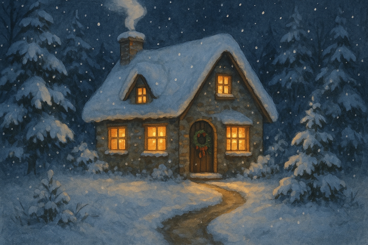 A warm Christmas cottage in winter with snow