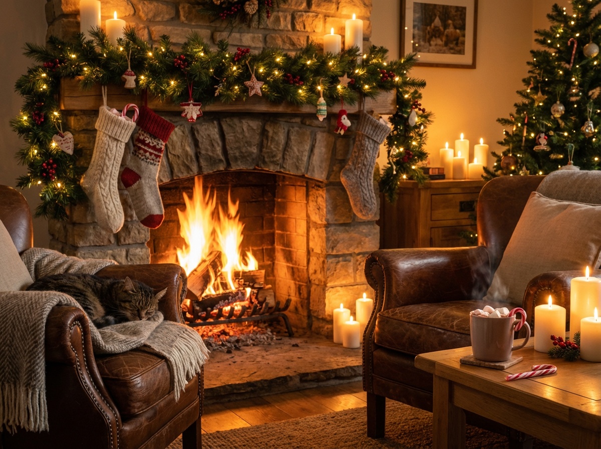 Cozy Christmas fireplace with stockings and hot cocoa